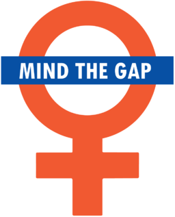 Jeu de mots et d’image dans ce logo satirique: le décalage entre hommes et femmes est un « gap » aussi structurel que celui entre le métro et le quai. (London Student Feminists)